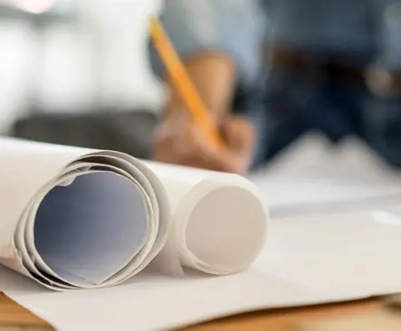Curled blueprints sitting on a desk